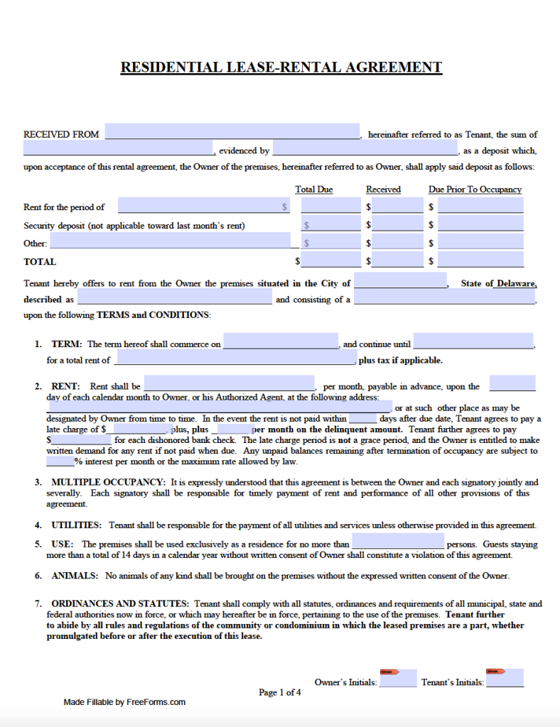 Free Delaware Standard Residential Lease Agreement Template PDF WORD