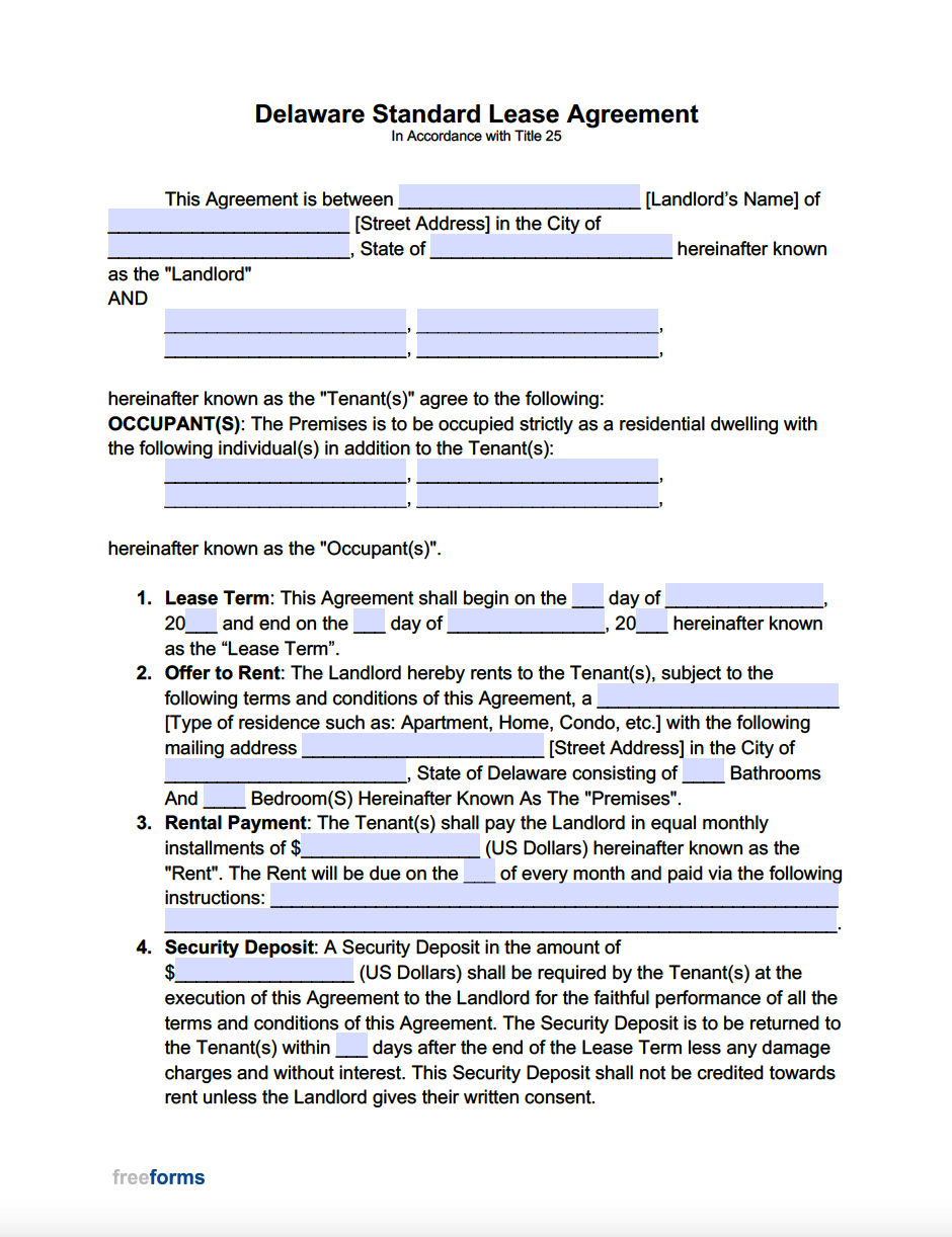 Free Delaware Standard Residential Lease Agreement Template PDF WORD