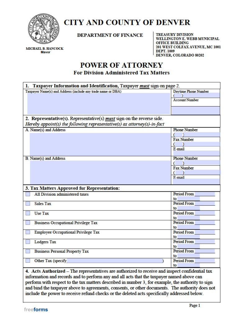 Free Colorado State Tax Power of Attorney Form PDF