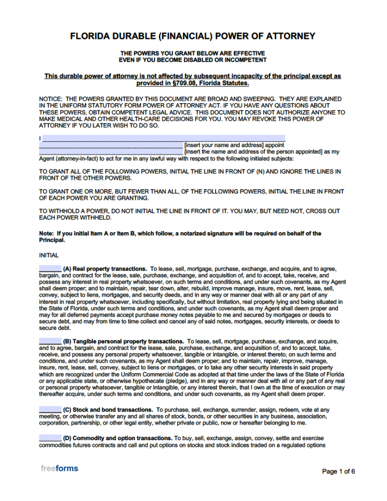 Florida Power Of Attorney Form Free Printable