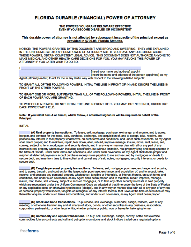 Free Printable Florida Durable Power Of Attorney