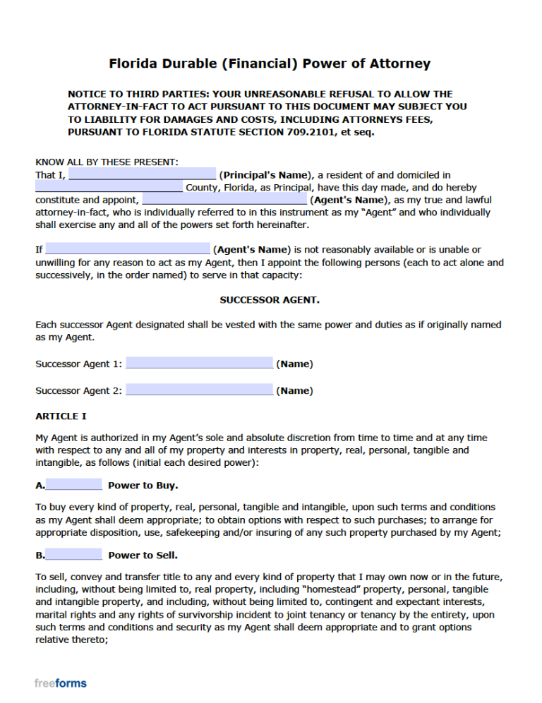 Free Florida Durable (Financial) Power of Attorney Form | PDF | WORD