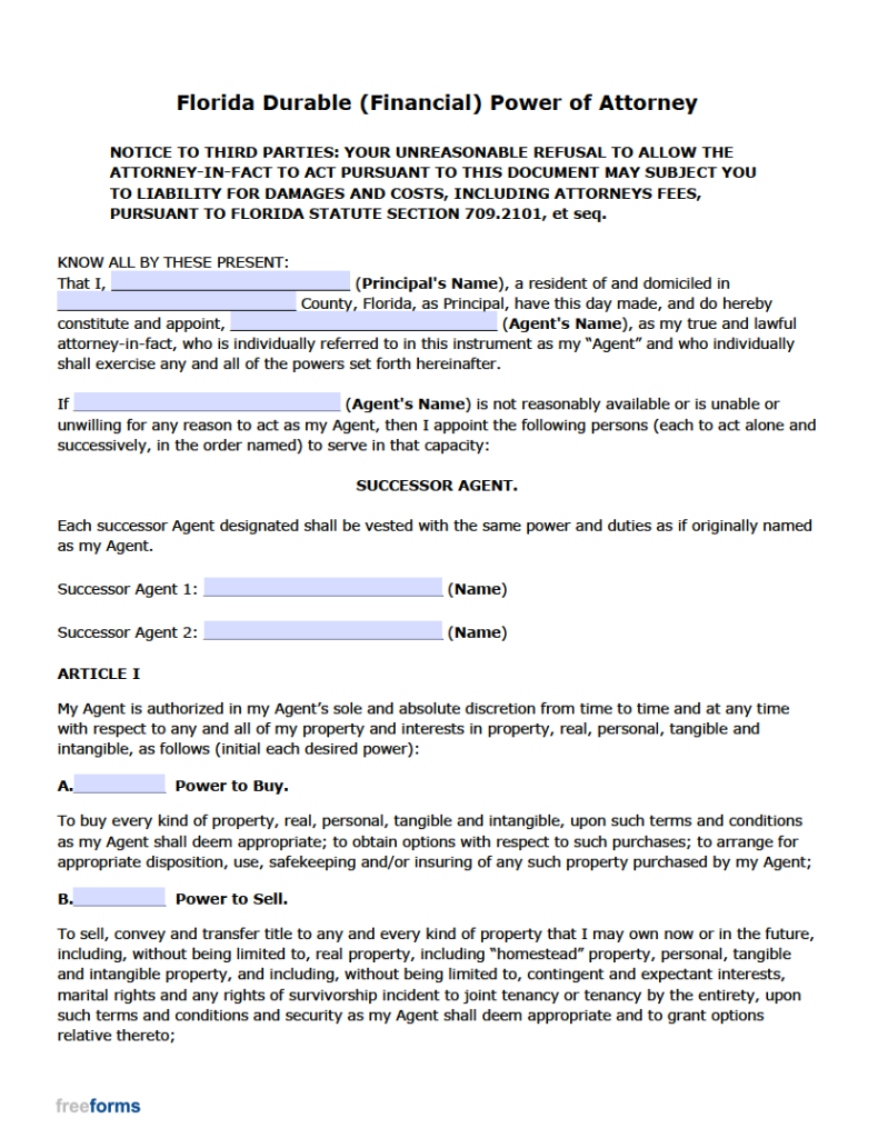 Free Florida Durable (Financial) Power of Attorney Form PDF WORD