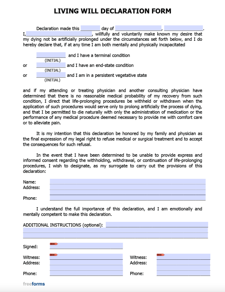 Free Florida Living Will Form PDF