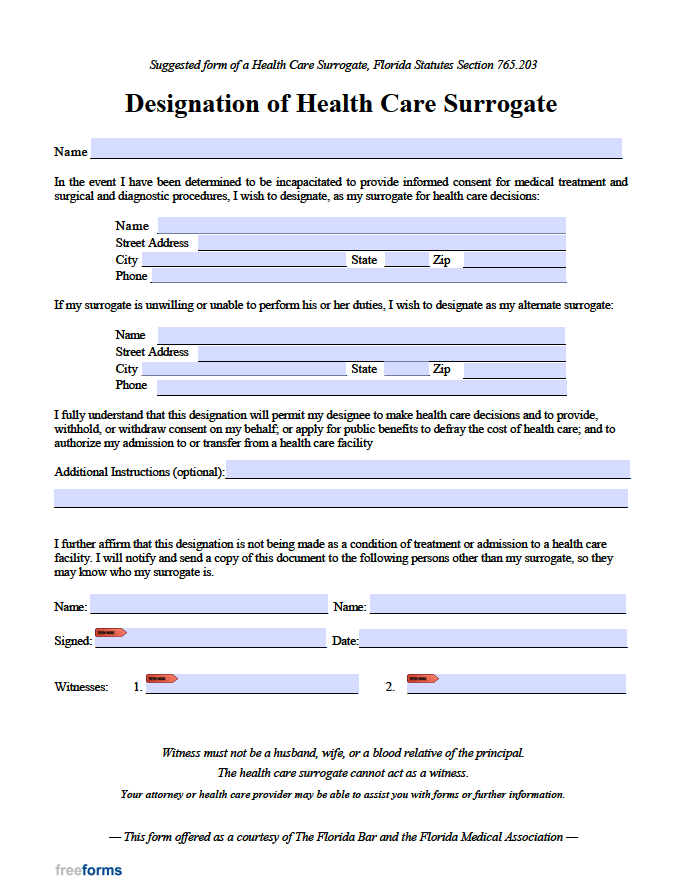 Designation Of Health Care Surrogate Florida Printable Form