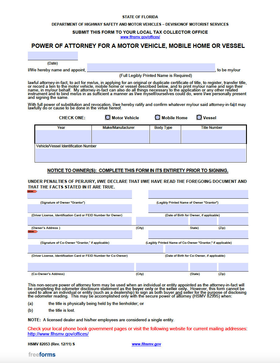 Free Florida Motor Vehicle Power of Attorney Form PDF