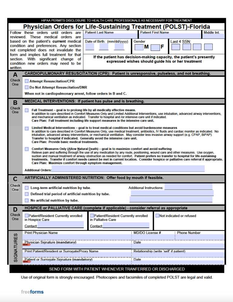 Free Florida Advance Directive Form (Medical POA & Living Will) PDF