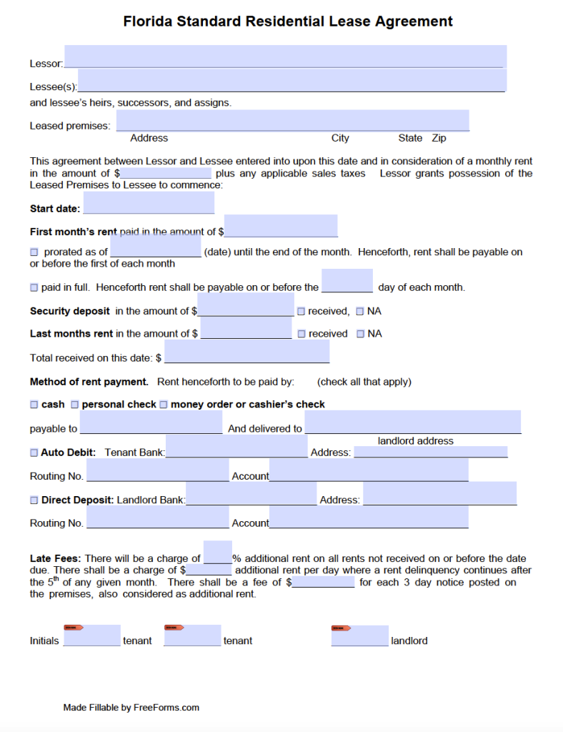 Free Florida Standard Residential Lease Agreement Template PDF WORD