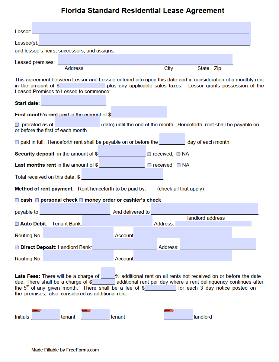 Free Florida Standard Residential Lease Agreement Template PDF WORD