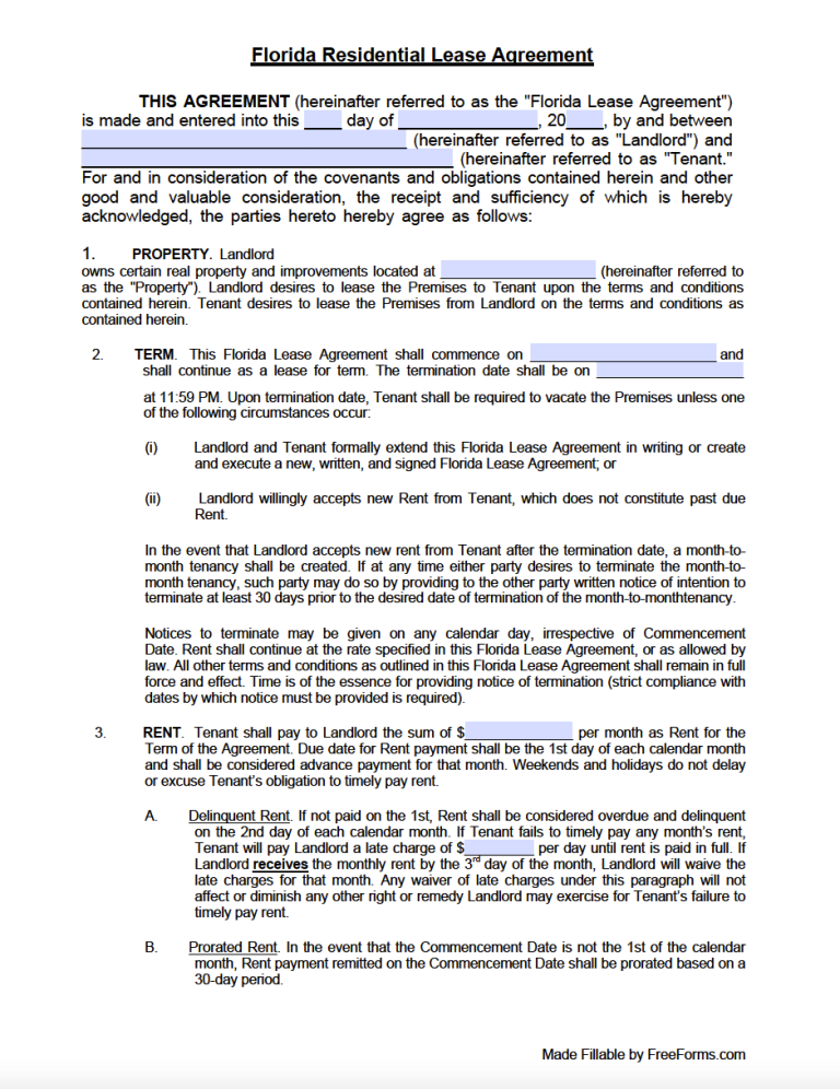 Free Florida Standard Residential Lease Agreement Template PDF WORD