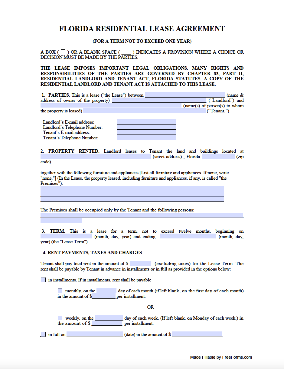 Printable Florida Residential Lease Agreement Fillable