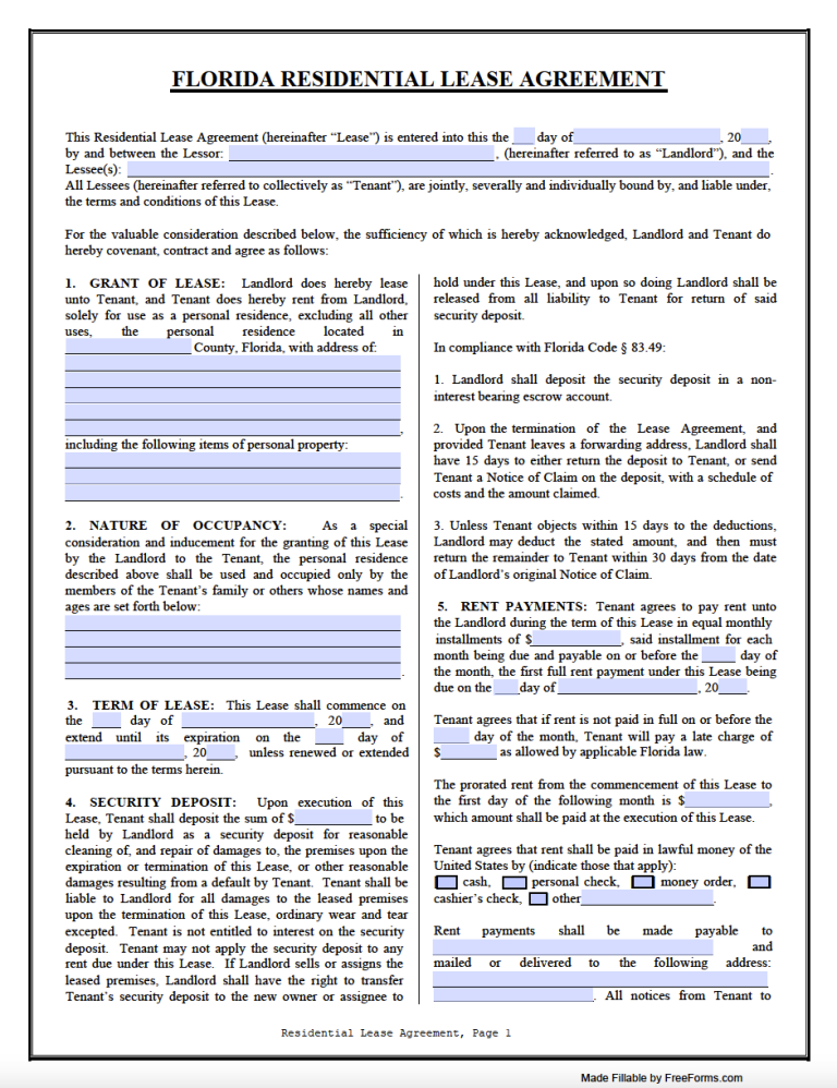 Florida Rental Lease Agreement Template 5591