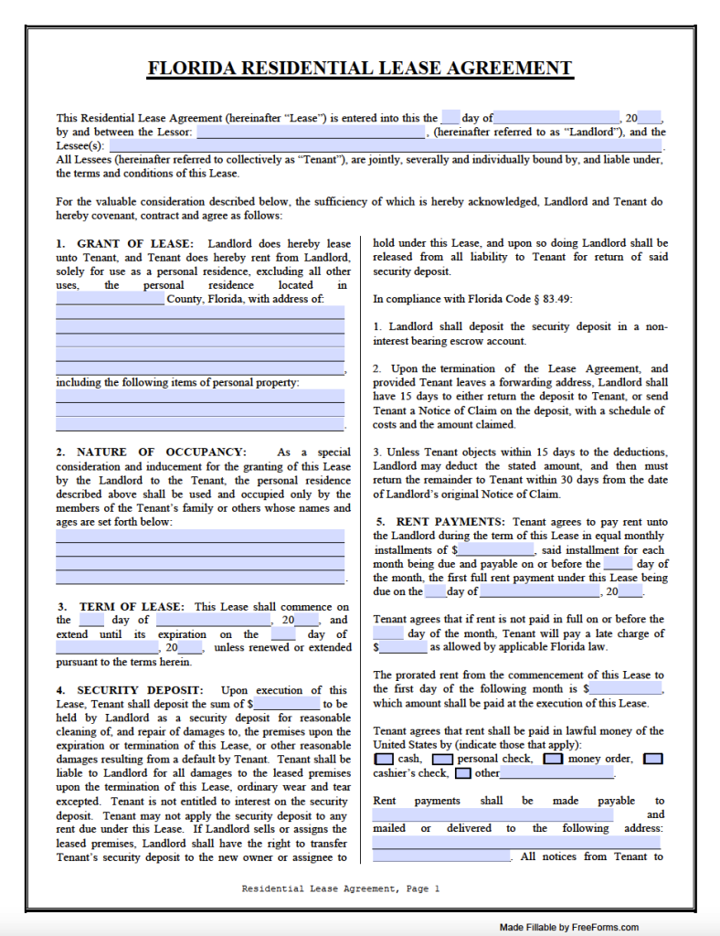Free Florida Standard Residential Lease Agreement Template PDF WORD