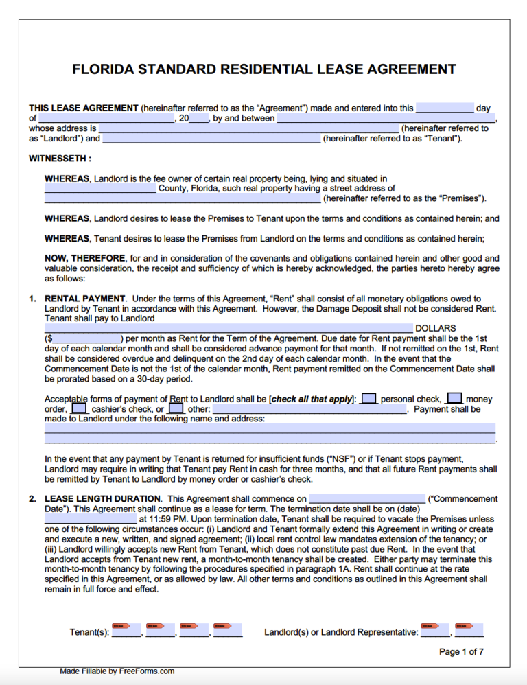 Florida Standard Residential Lease Agreement Template 768x998 