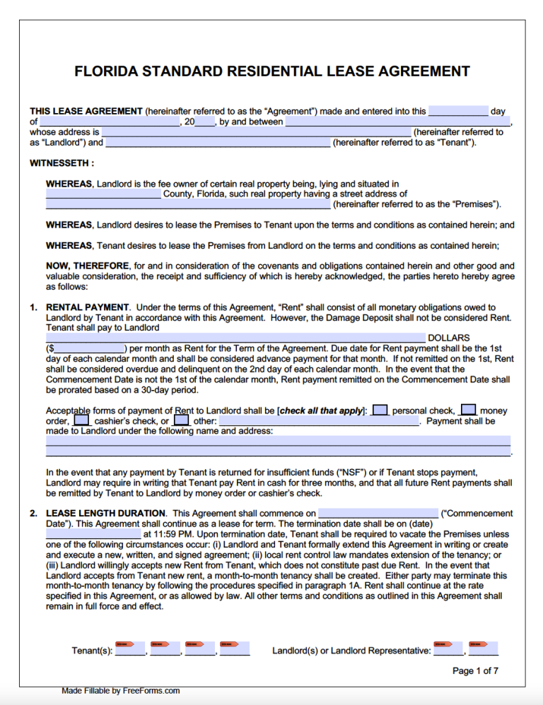 Florida Residential Lease Agreement Free Printable Form Printable