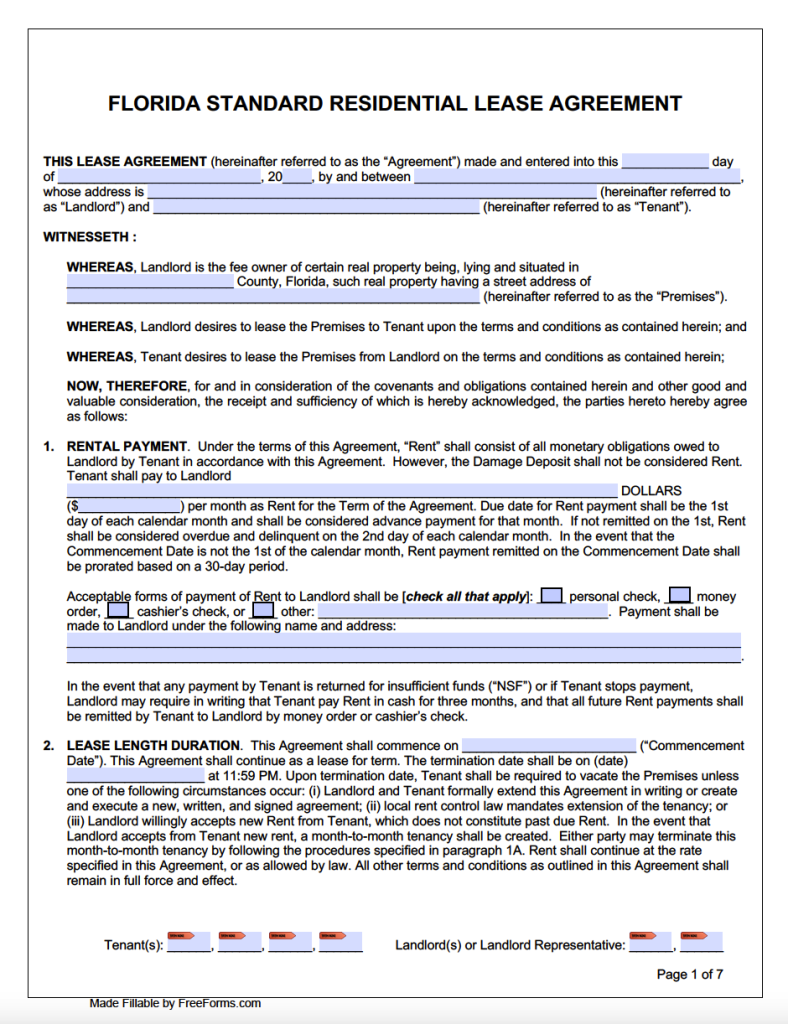 Rental Lease Agreement Florida Template Free