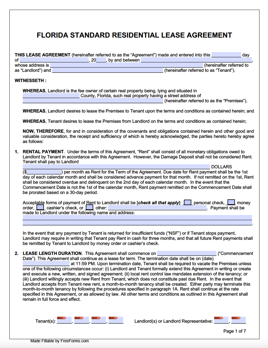 Free Florida Standard Residential Lease Agreement Template Pdf Word