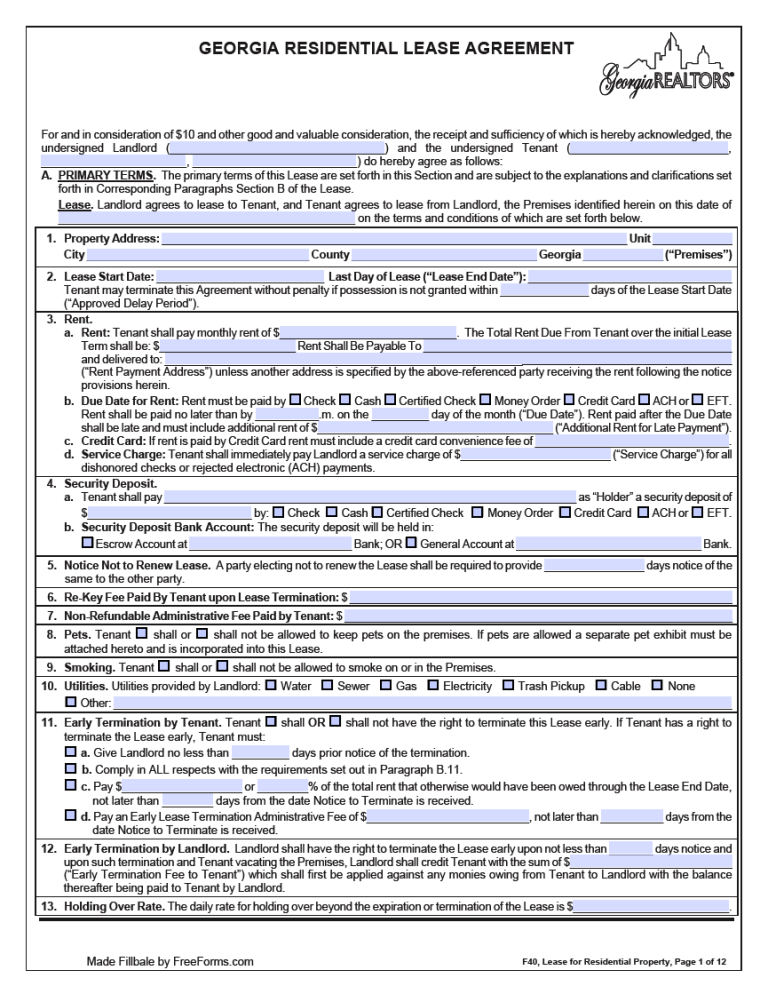 Free Standard Residential Lease Agreement Template PDF WORD
