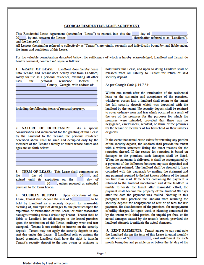 Free Georgia Standard Residential Lease Agreement Template PDF WORD