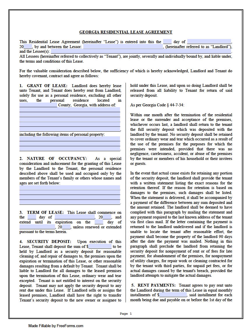 Free Georgia Standard Residential Lease Agreement Template | PDF | WORD
