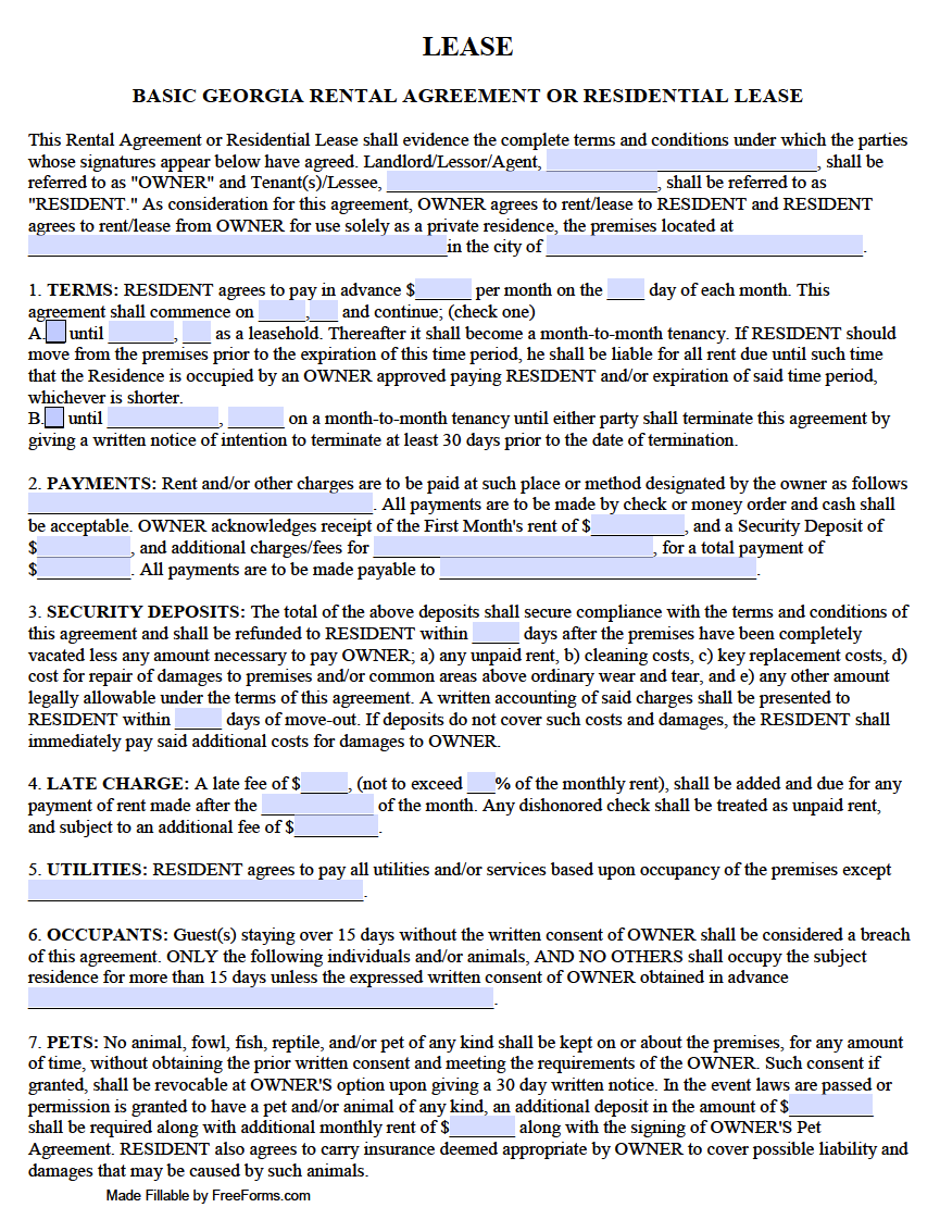 Free Georgia Standard Residential Lease Agreement Template PDF WORD