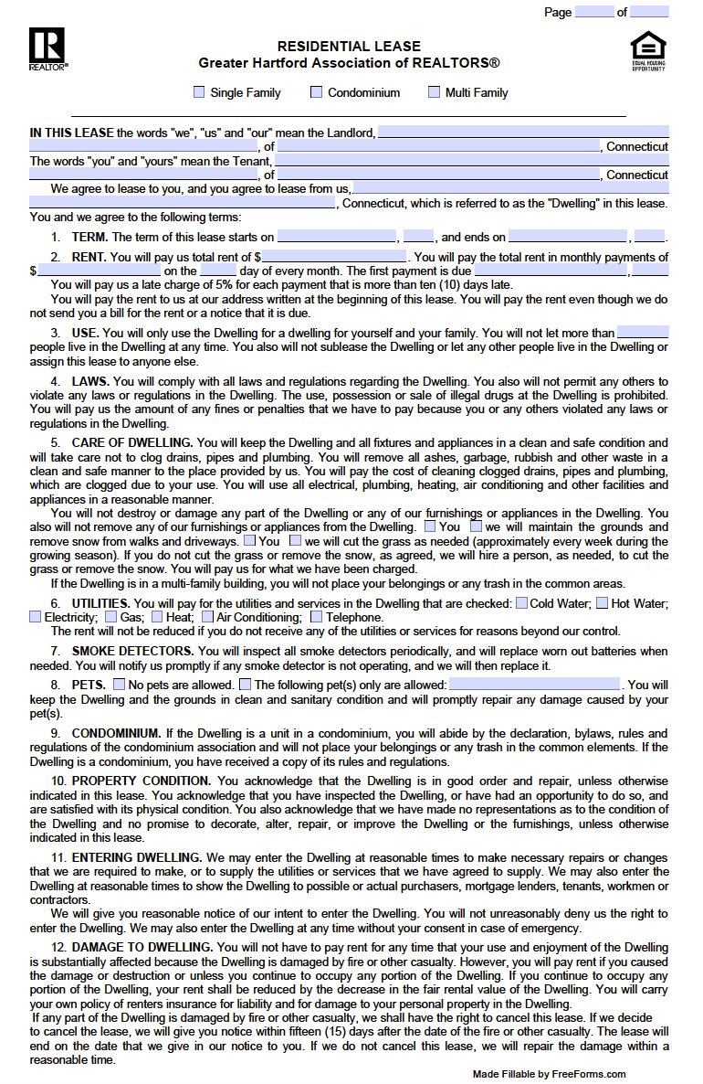 Free Connecticut Standard Residential Lease Agreement Template PDF WORD