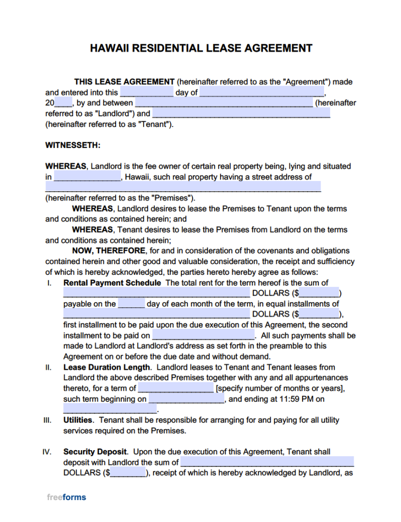 Free Hawaii Standard Residential Lease Agreement Template PDF WORD