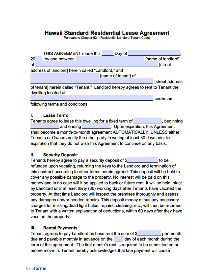 Free Hawaii Standard Residential Lease Agreement Template PDF WORD