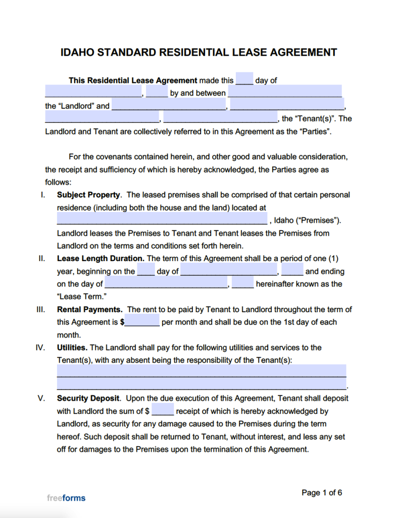 Free Idaho Standard Residential Lease Agreement Template | PDF | WORD