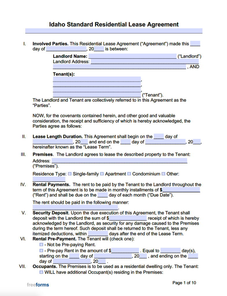 Free Idaho Standard Residential Lease Agreement Template | PDF | WORD