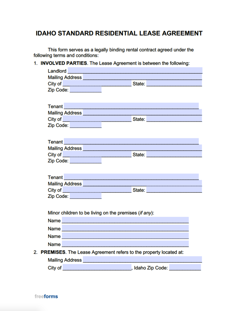 Free Idaho Standard Residential Lease Agreement Template PDF WORD