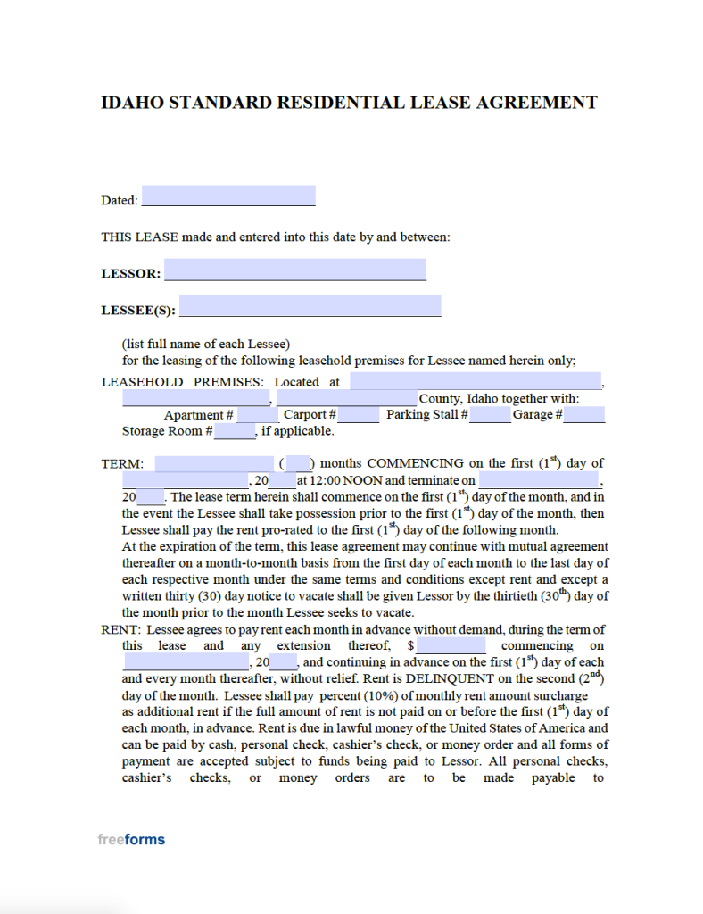 Free Idaho Standard Residential Lease Agreement Template PDF WORD