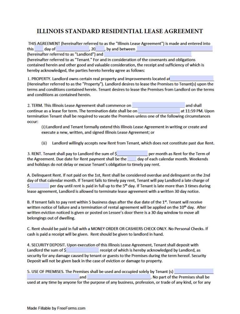 Free Illinois Standard Residential Lease Agreement Template PDF WORD