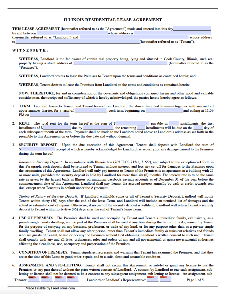 Free Illinois Standard Residential Lease Agreement Template PDF WORD