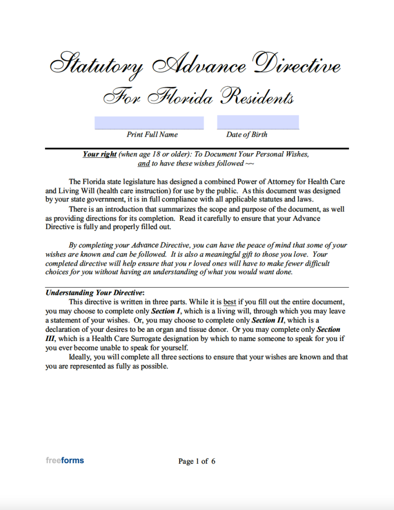Free Florida Advance Directive Form (Medical POA &amp; Living