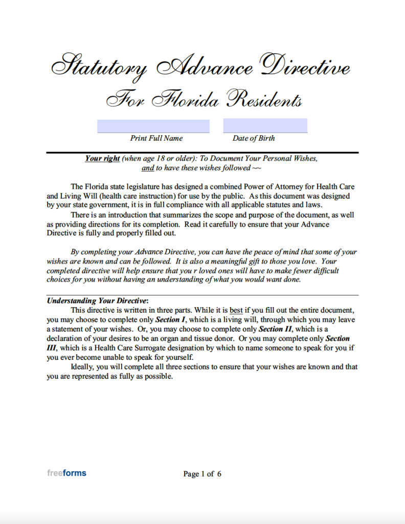 Free Florida Advance Directive Form Medical Poa And Living Will Pdf 2350