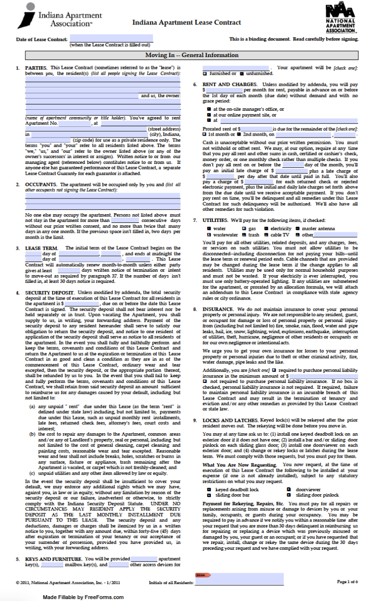 Free Indiana Standard Residential Lease Agreement Template PDF WORD