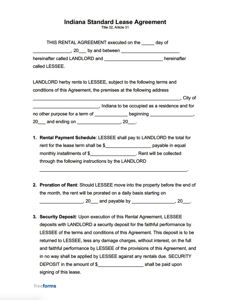 Free Indiana Standard Residential Lease Agreement Template PDF WORD