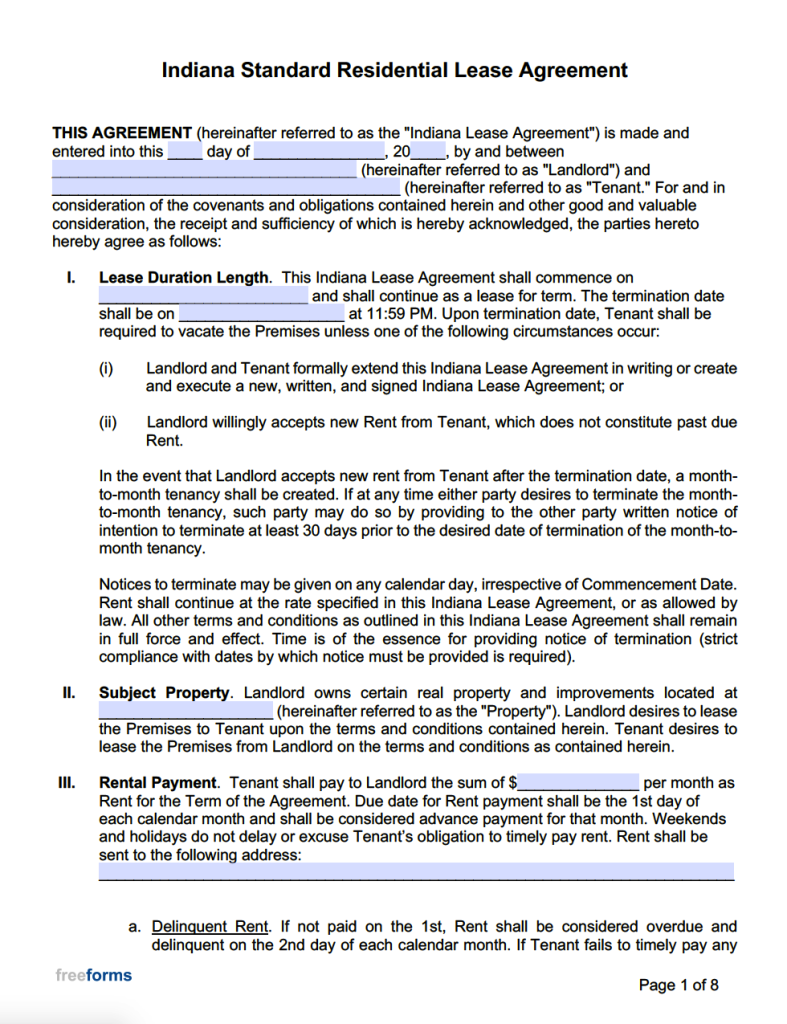 free indiana standard residential lease agreement template