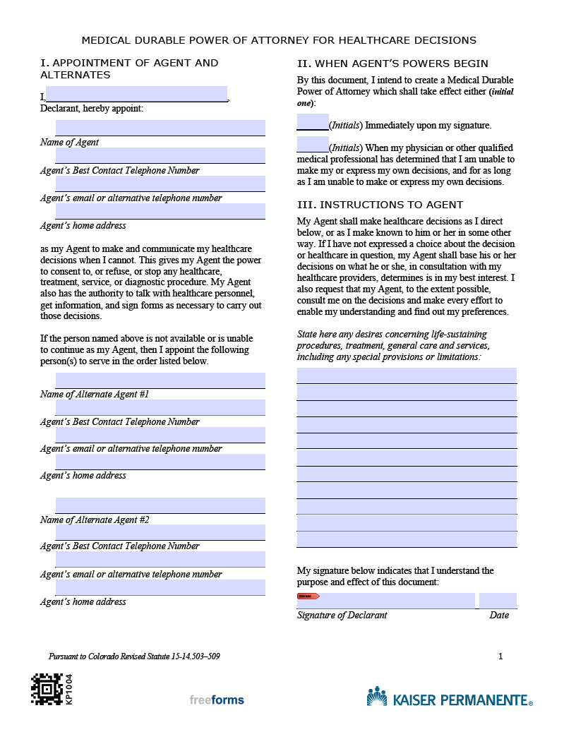 Free Colorado Medical Power of Attorney Form | PDF