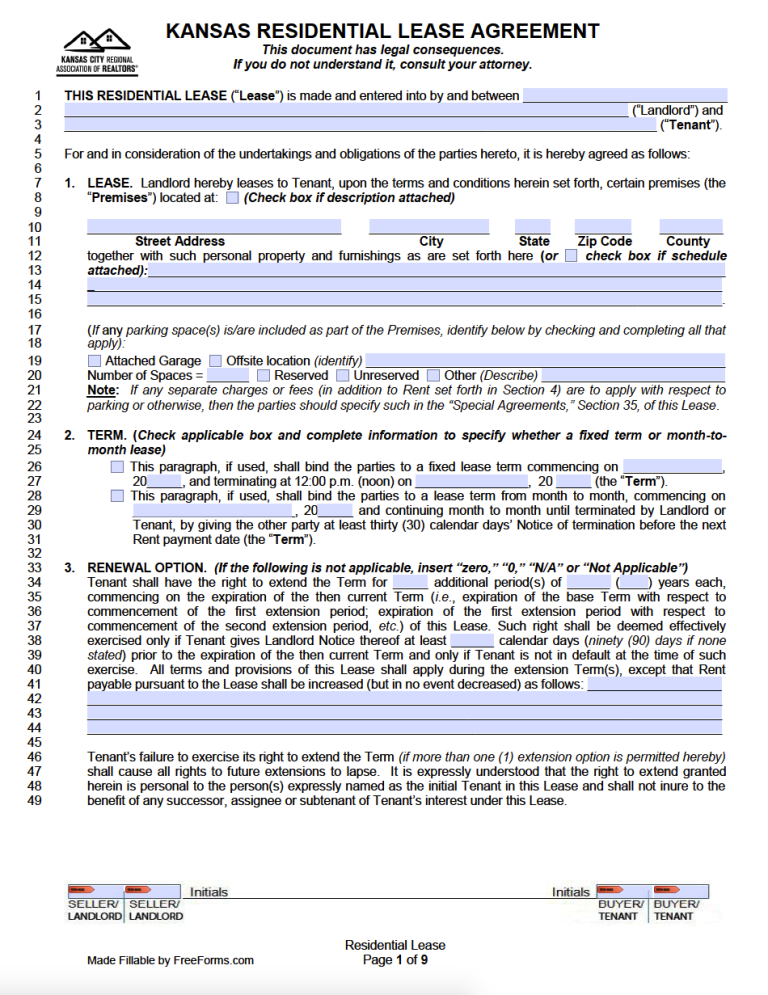 Free Kansas Standard Residential Lease Agreement Template PDF WORD