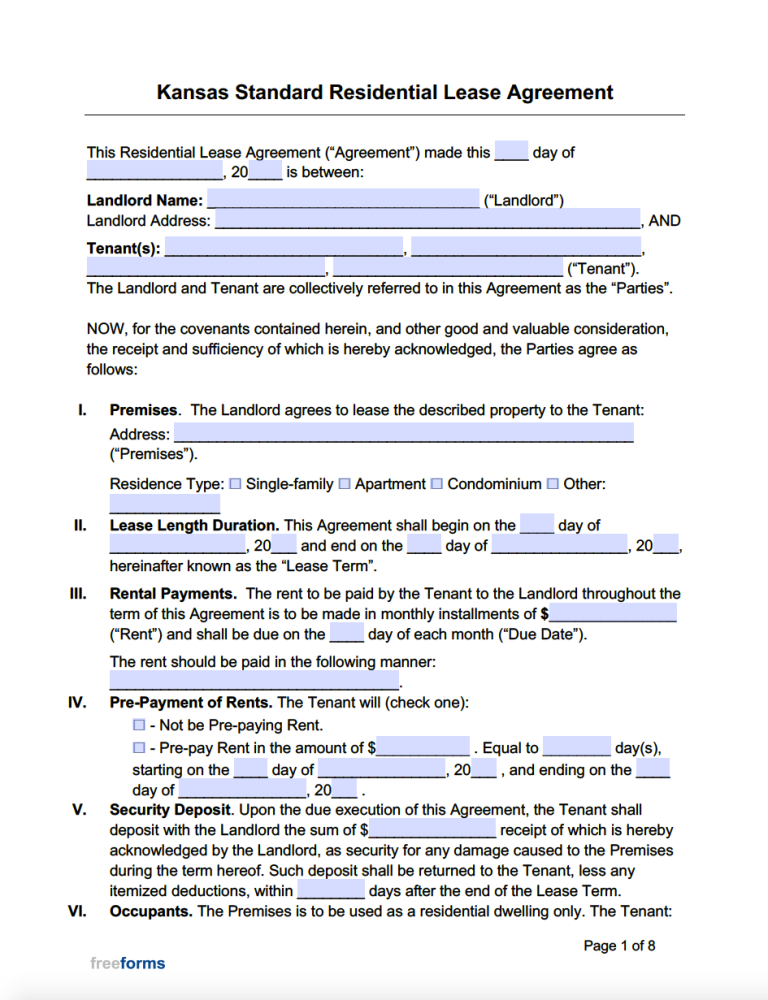 Free Kansas Standard Residential Lease Agreement Template | PDF | WORD