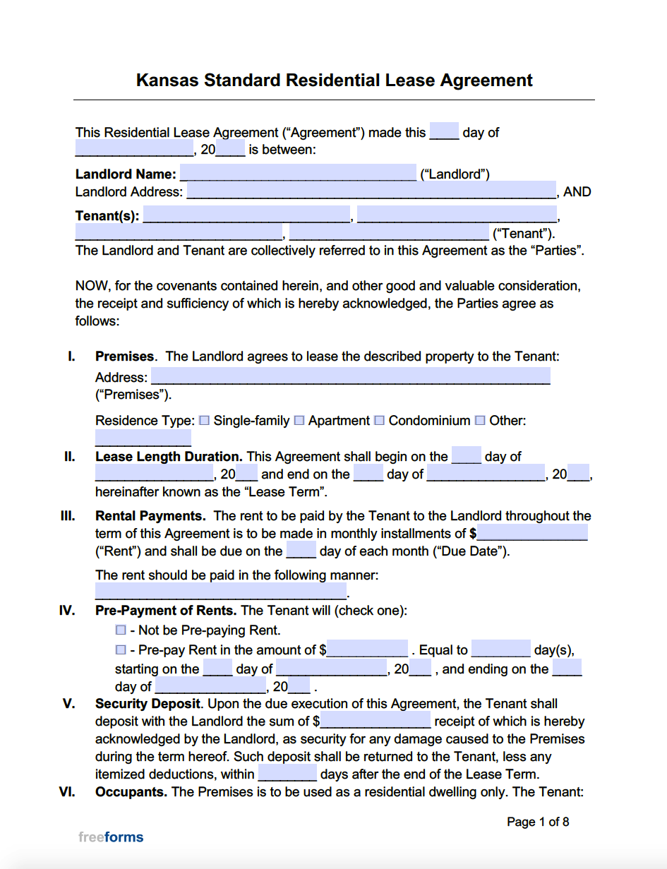 Free Kansas Standard Residential Lease Agreement Template PDF WORD