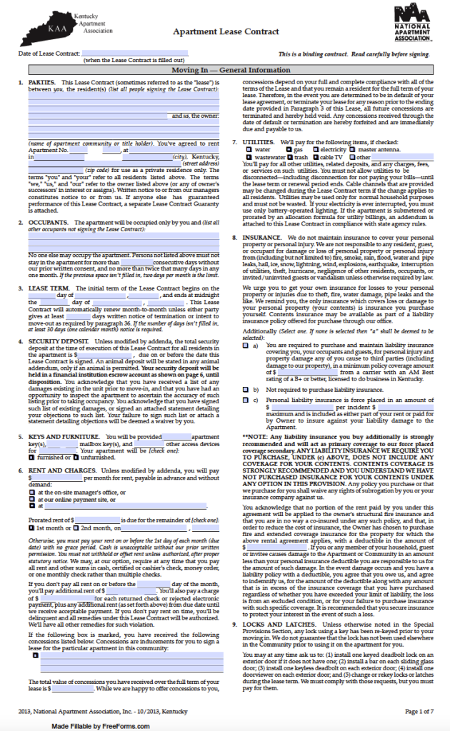 Free Kentucky Standard Residential Lease Agreement Template PDF WORD
