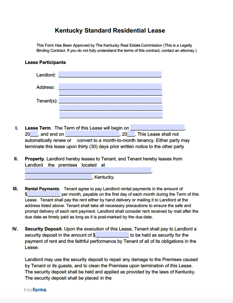 Free Kentucky Standard Residential Lease Agreement Template PDF WORD