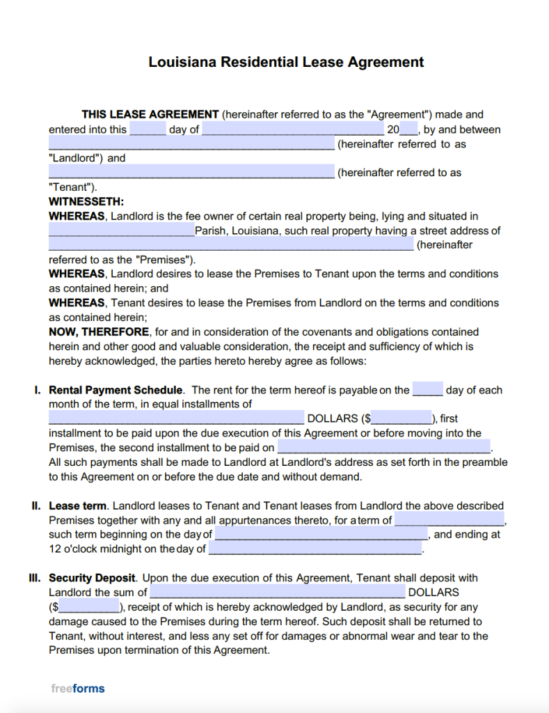 Free Louisiana Standard Residential Lease Agreement Template PDF WORD