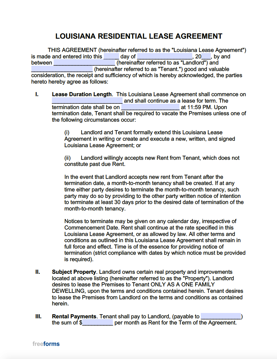 Free Louisiana Standard Residential Lease Agreement Template PDF WORD