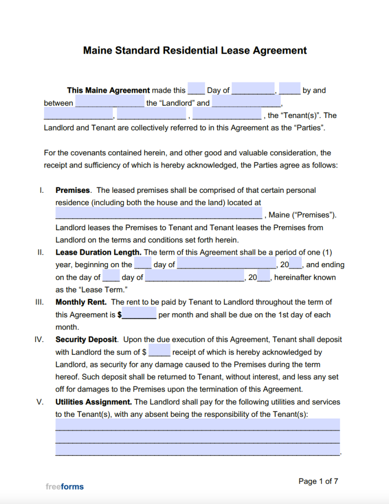 Free Maine Standard Residential Lease Agreement Template | PDF