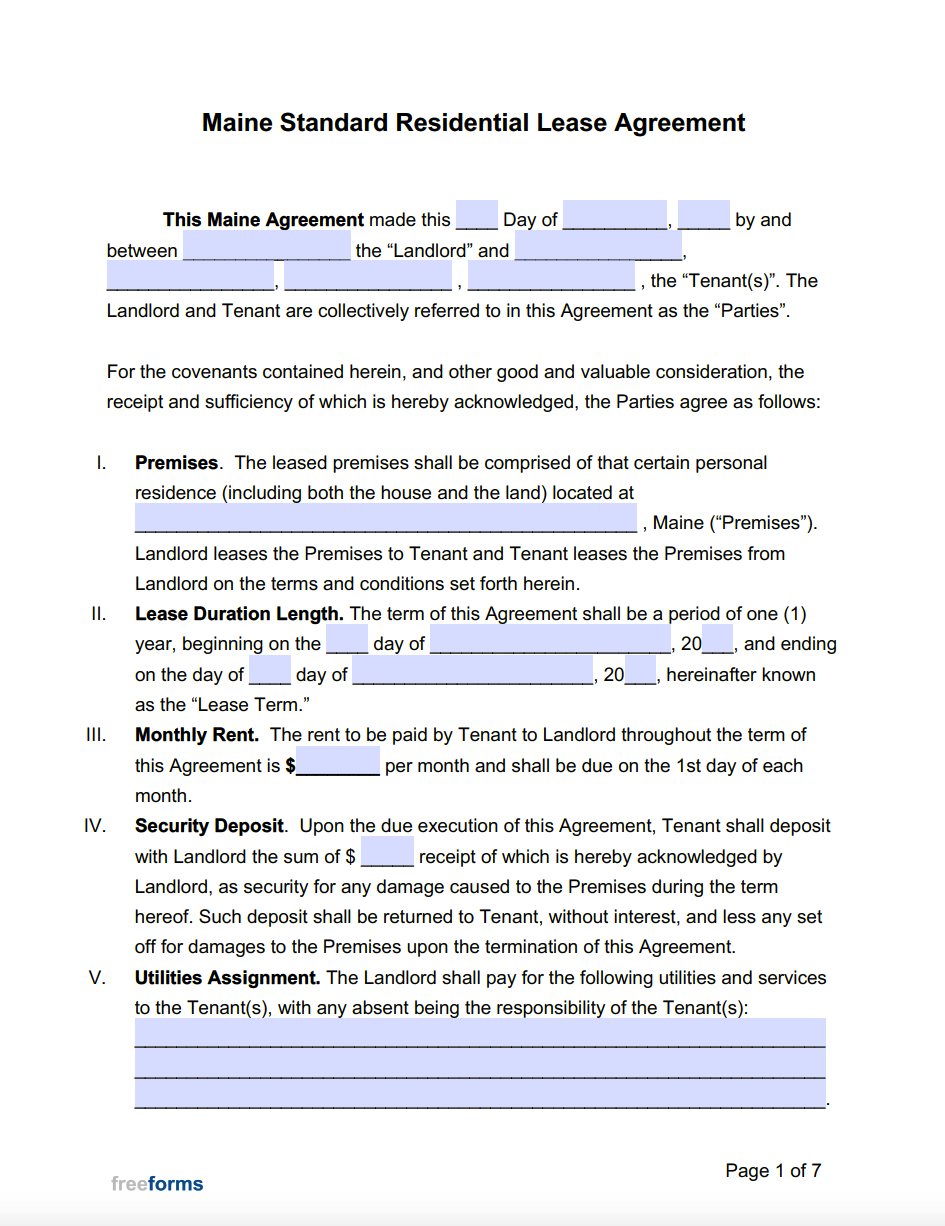 Free Maine Standard Residential Lease Agreement Template | PDF