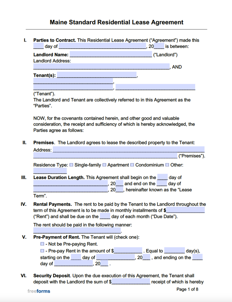 Free Maine Standard Residential Lease Agreement Template | PDF